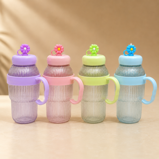 Elegant Kids Floral Ribbed Tumbler with Cute Flower Lid, Handle & Stylish Design