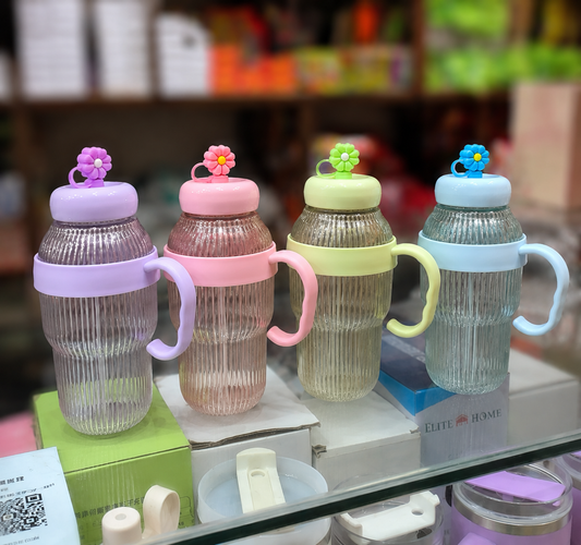 Elegant Kids Floral Ribbed Tumbler with Cute Flower Lid, Handle & Stylish Design