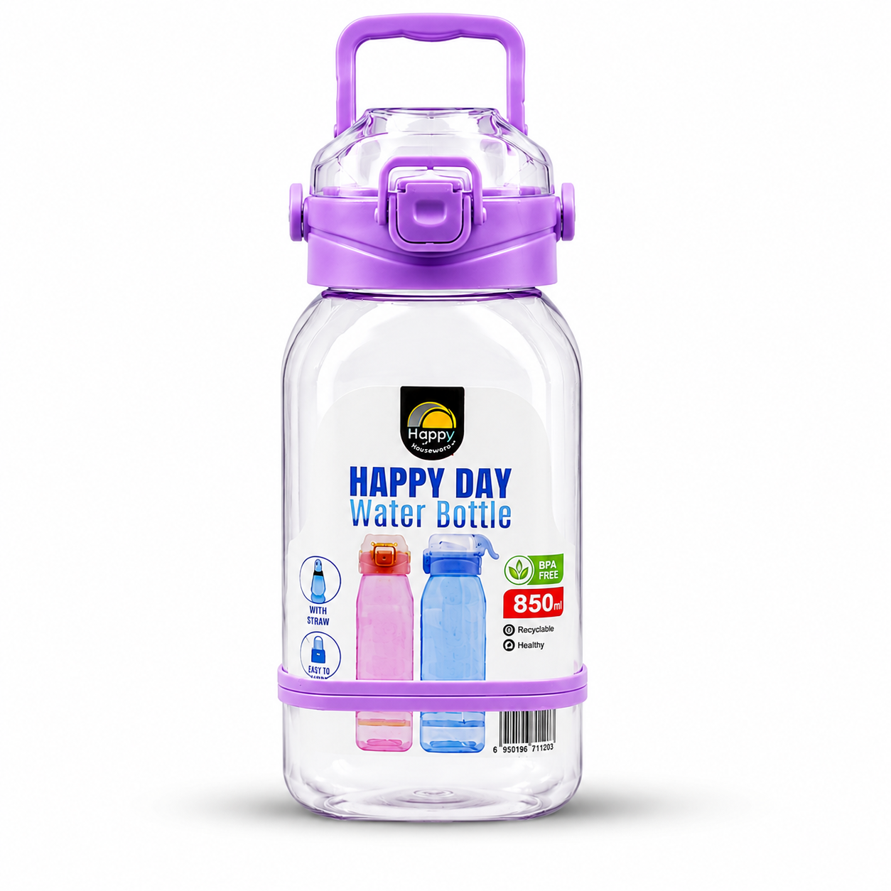 850ml Happy Day Water Bottle with Straw & Carry Handle