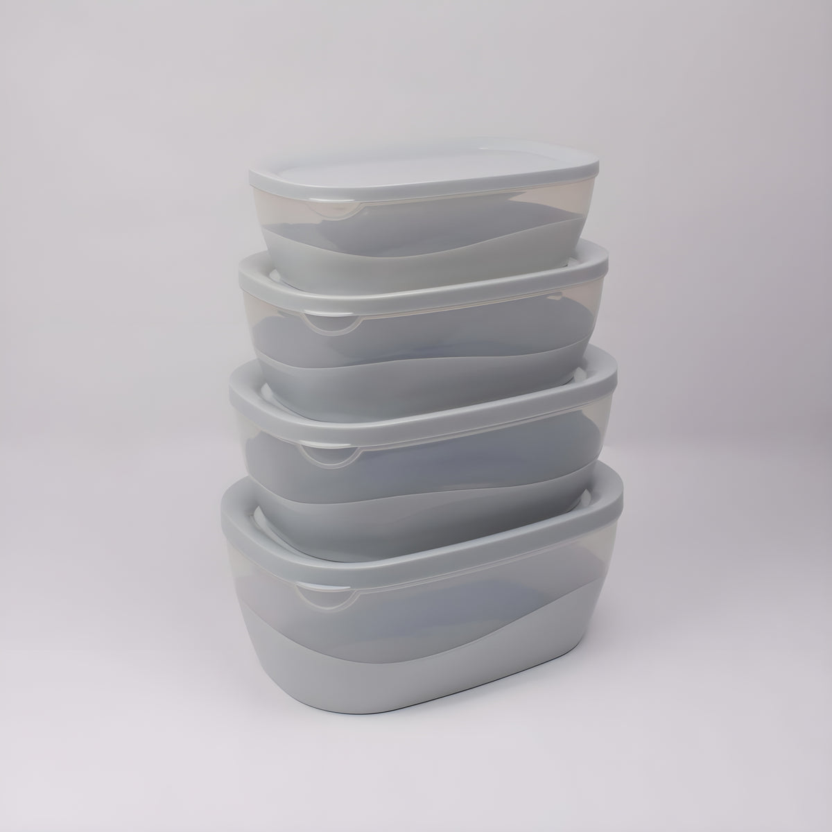 A stack of four nested oval plastic storage containers with translucent gray bodies and solid gray lids, set against a plain light gray background.